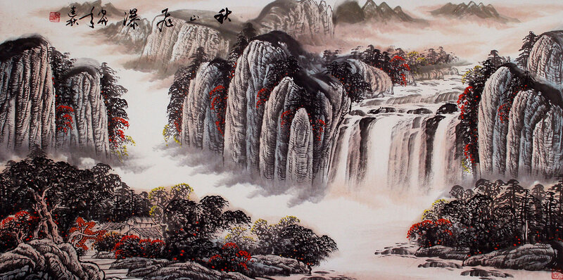Mountain Waterfall Landscape — Black