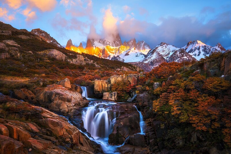 Mountain Waterfall Landscape — Blue, Dramatic