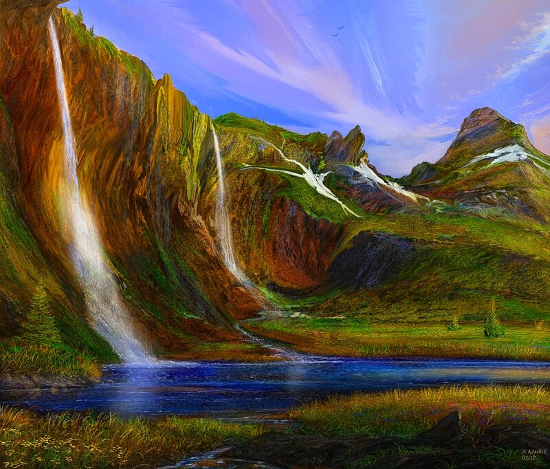 Mountain Waterfall Landscape — Blue, Serene, Afternoon, Painting