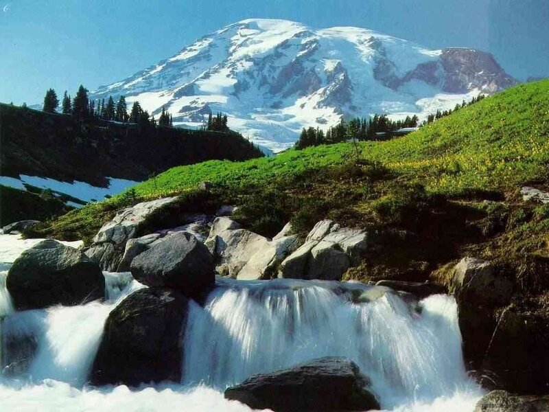 Mountain Waterfall Landscape — Blue, Serene, Afternoon, Photograph, Snow-capped Mountain