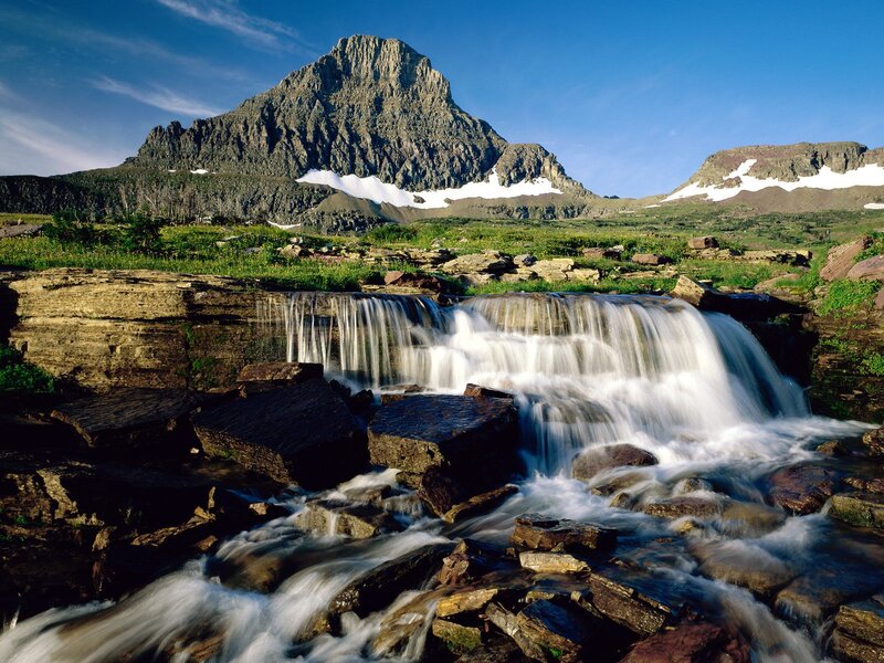 Mountain Waterfall Landscape — Blue, Serene, Afternoon, Photograph