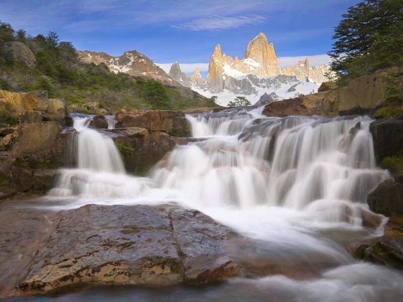 Mountain Waterfall Landscape — Blue, Serene, Afternoon
