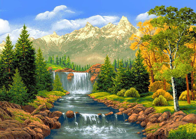 Mountain Waterfall Landscape — Blue, Serene, Autumn