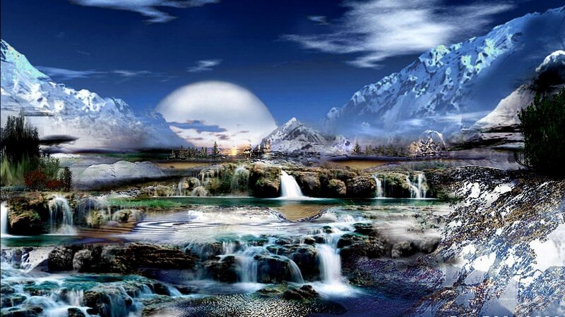 Mountain Waterfall Landscape — Blue, Serene, Night