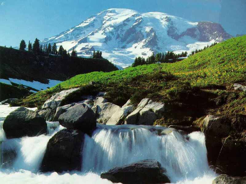 Mountain Waterfall Landscape — Blue, Serene, Summer, Photograph