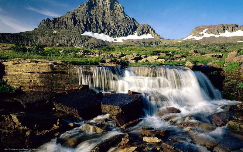 Mountain Waterfall Landscape — Blue, Serene, Summer