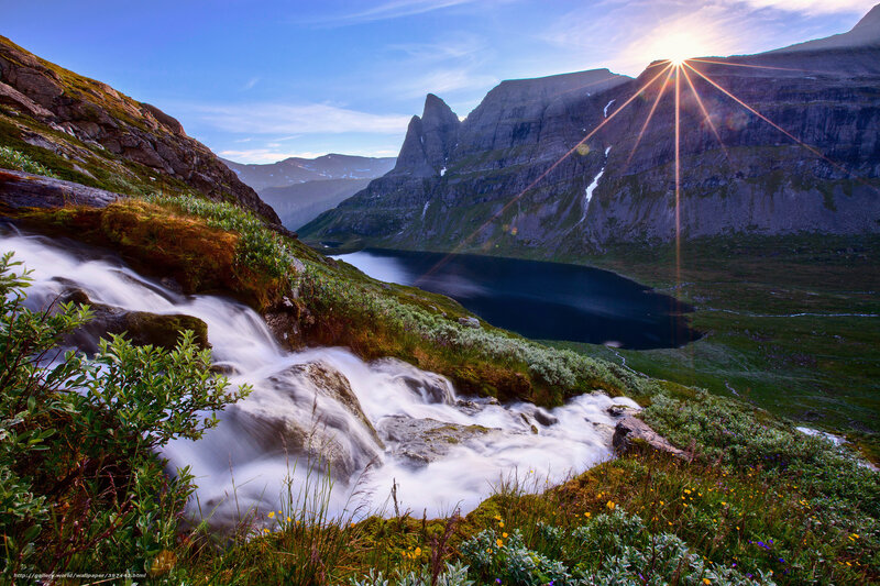 Mountain Waterfall Landscape — Blue, Serene, Sunrise