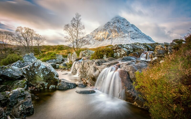 Mountain Waterfall Landscape — Blue, Serene, Sunset, Photograph