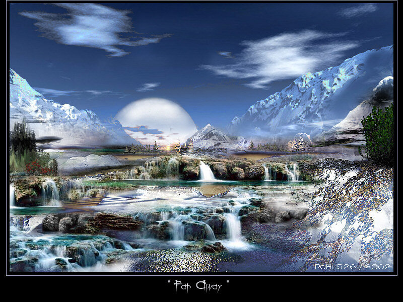 Mountain Waterfall Landscape — Blue, Serene
