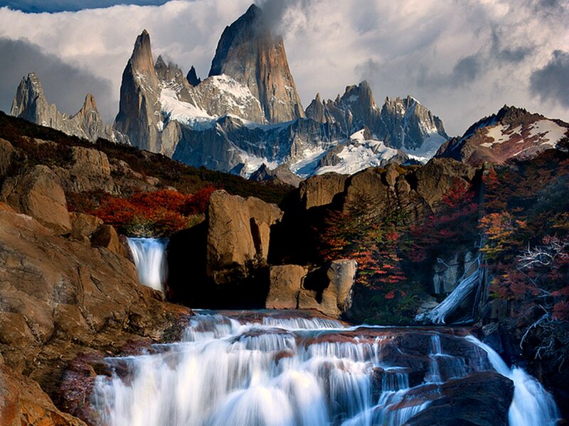 Mountain Waterfall Landscape — Brown, Dramatic, Autumn