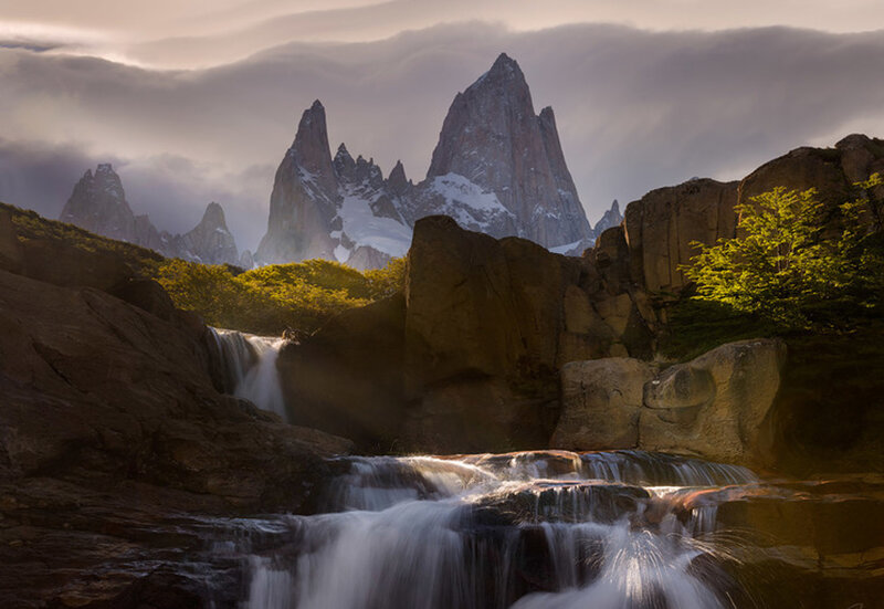 Mountain Waterfall Landscape — Brown, Dramatic, Sunrise
