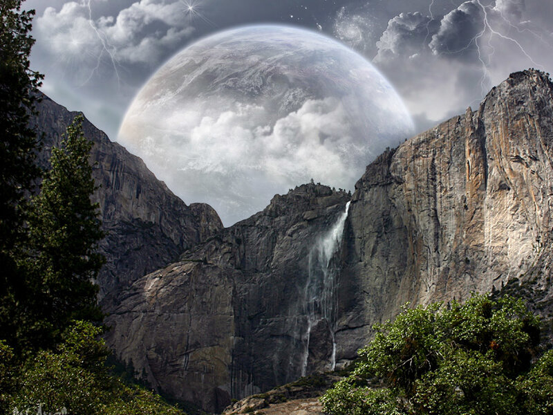 Mountain Waterfall Landscape — Gray, Dramatic