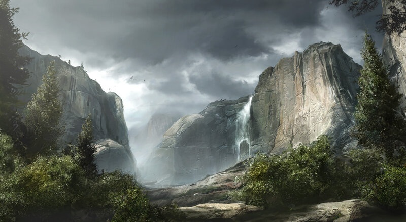 Mountain Waterfall Landscape — Gray