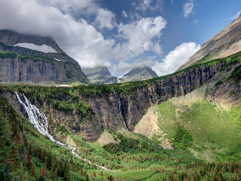Mountain Waterfall Landscape — Green, Dramatic, Afternoon