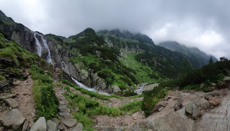 Mountain Waterfall Landscape — Green, Dramatic, Photograph, Mountains, Clouds
