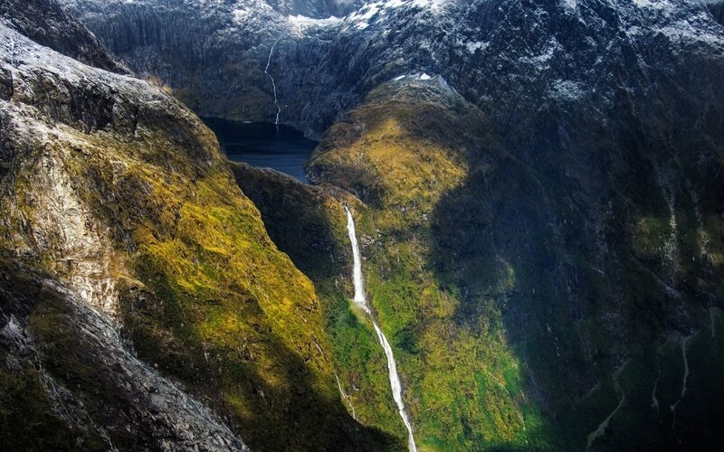 Mountain Waterfall Landscape — Green, Dramatic, Photograph