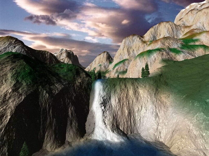Mountain Waterfall Landscape — Green, Dramatic, Sunset, 3d Render