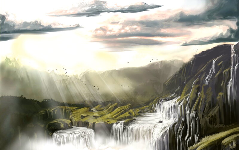 Mountain Waterfall Landscape — Green, Dramatic, Sunset