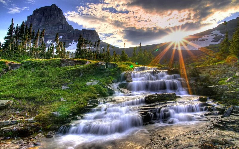 Mountain Waterfall Landscape — Green, Dramatic