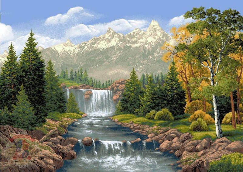 Mountain Waterfall Landscape — Green, Serene, Autumn