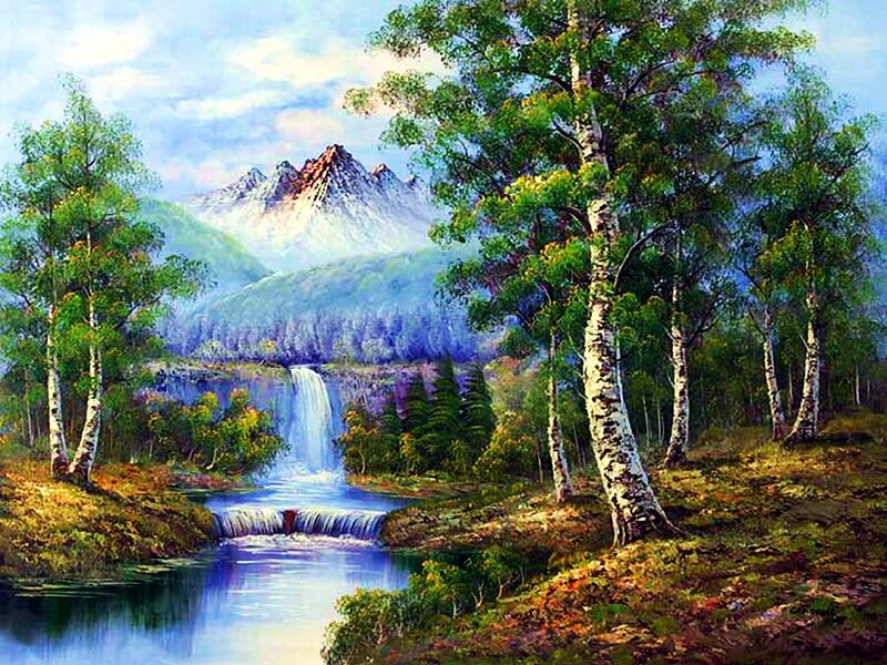Mountain Waterfall Landscape — Green, Serene, Morning