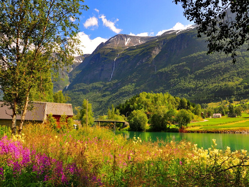 Mountain Waterfall Landscape — Green, Serene, Summer