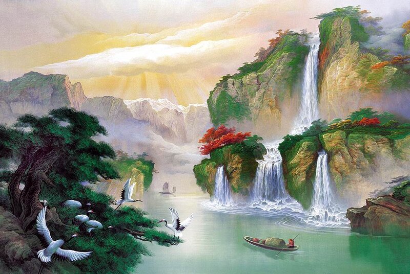 Mountain Waterfall Landscape — Green