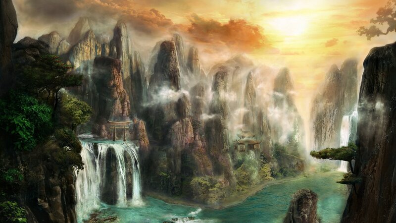 Mountain Waterfall Landscape — Orange, Serene