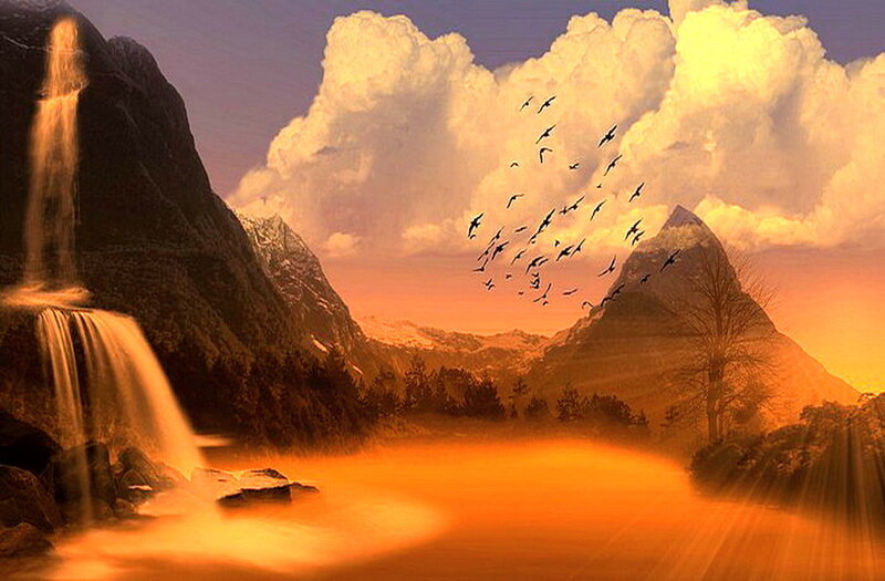 Mountain Waterfall Landscape — Orange