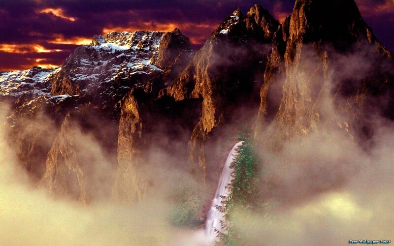 Mountain Waterfall Landscape — Purple, Dramatic