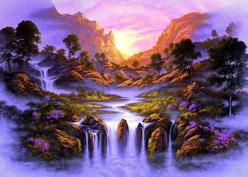 Mountain Waterfall Landscape — Purple, Serene