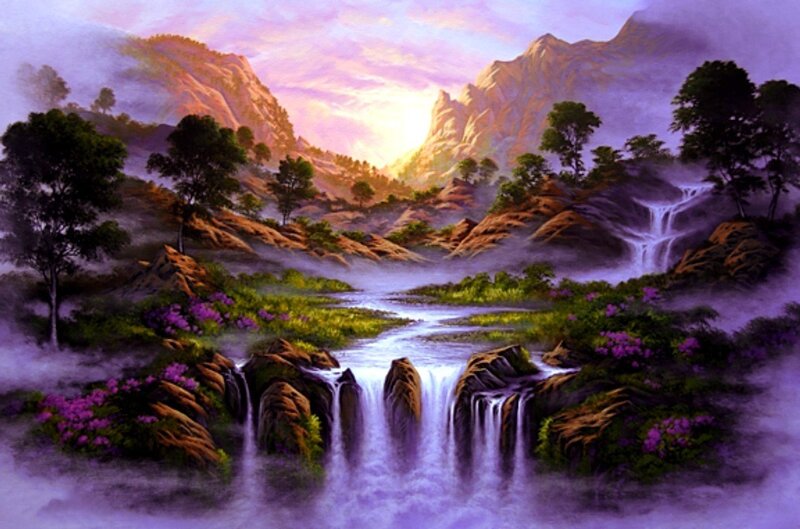 Mountain Waterfall Landscape — Purple