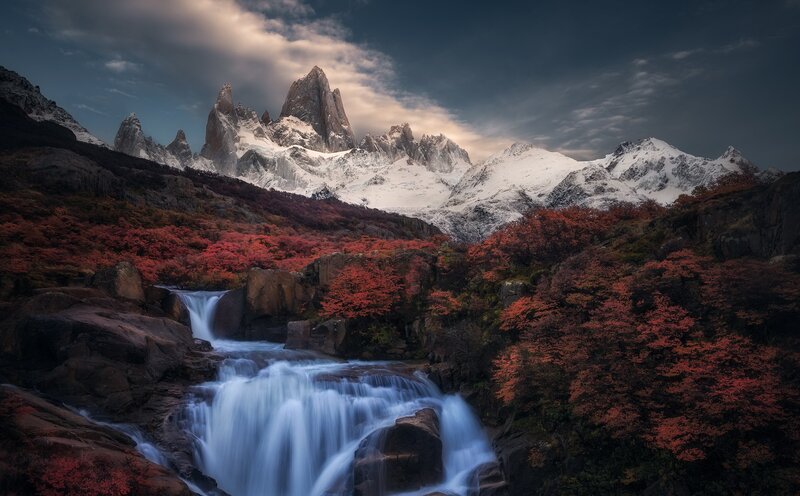 Mountain Waterfall Landscape — Red