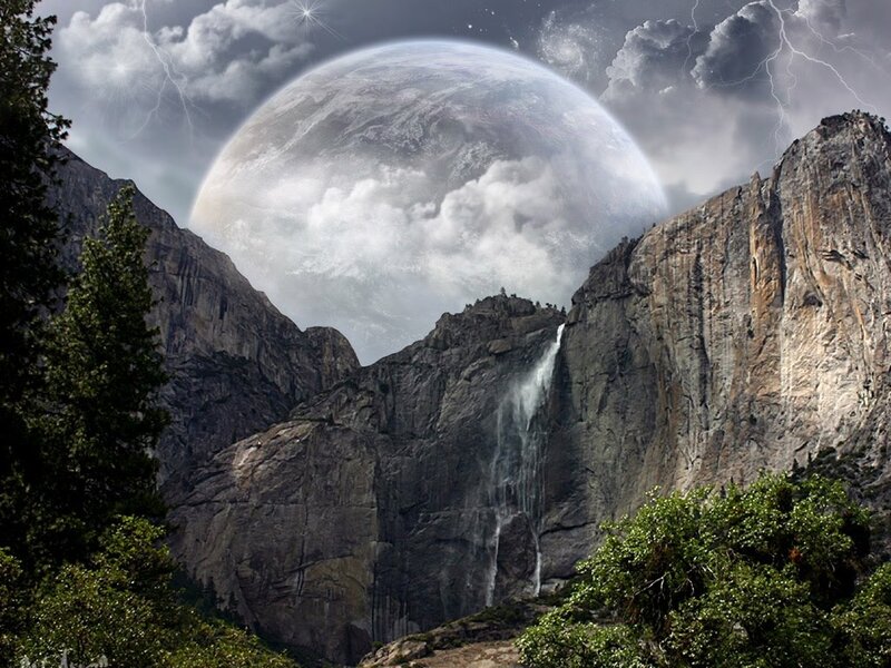 Mountain Waterfall Scene — Gray
