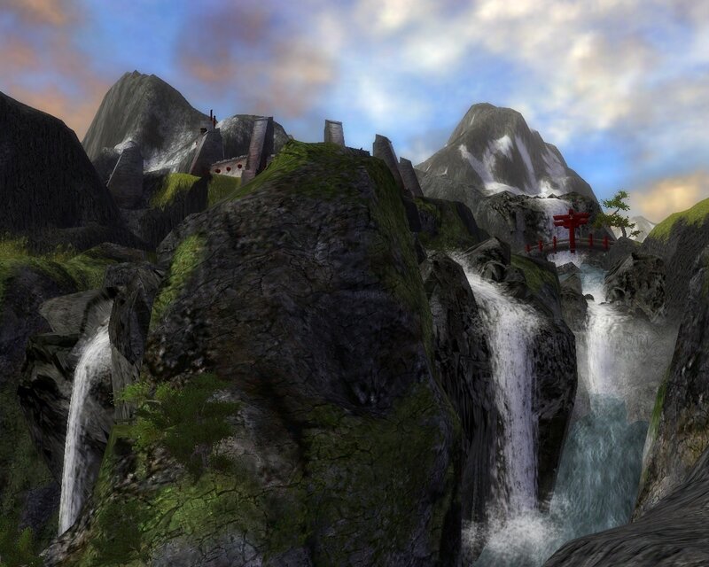 Mountain Waterfall Scene — Green, Serene