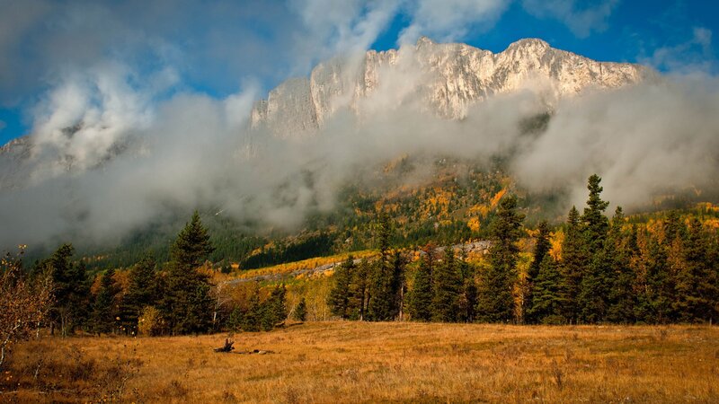 Mountain with Autumn Trees — Blue, Serene, Photograph, Clouds