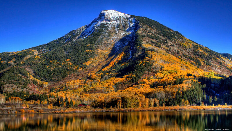 Mountain with Autumn Trees — Blue, Serene, Photograph, Lake, Forest, Snow