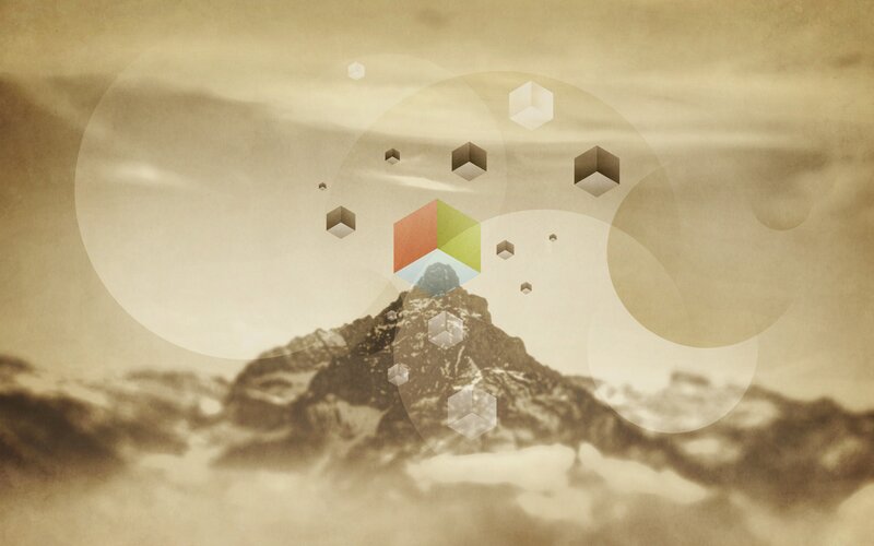 mountain with floating cubes