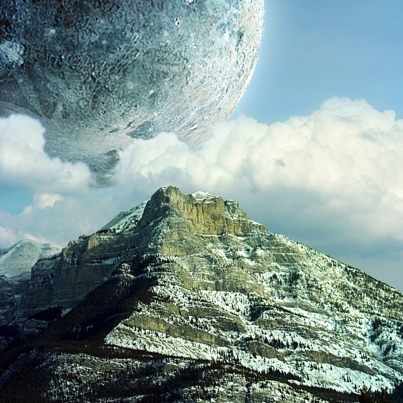 Mountain with giant moon