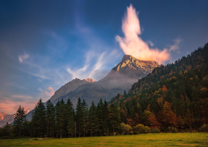 Mountain with Lenticular Cloud — Blue, Dramatic, Sunset