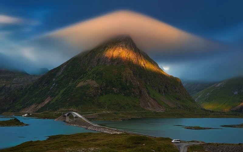 Mountain with Lenticular Cloud — Blue, Dramatic