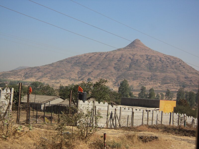 mountain with orange flags