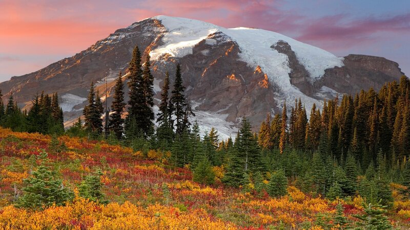 Mountain with Snow and Forest — Orange, Serene