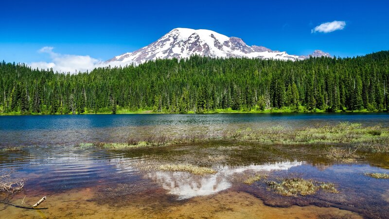 Mountain with Snow Cap — Blue, Serene, Afternoon, Photograph, Lake