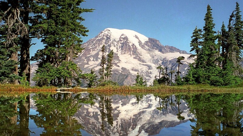 Mountain with Snow Cap — Blue, Serene, Afternoon, Photograph, Trees, Lake
