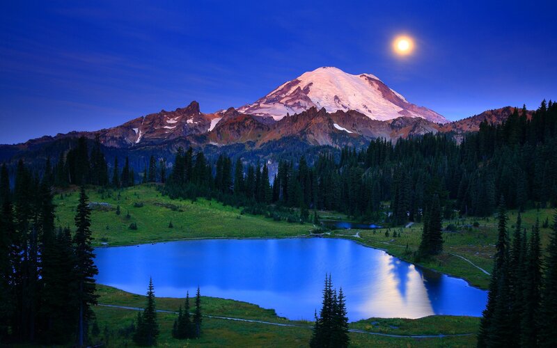 Mountain with Snow Cap — Blue, Serene, Night, Photograph