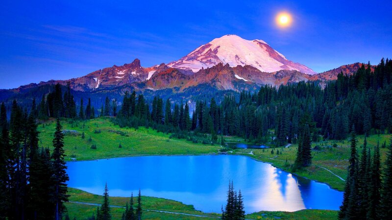 Mountain with Snow Cap — Blue, Serene, Night