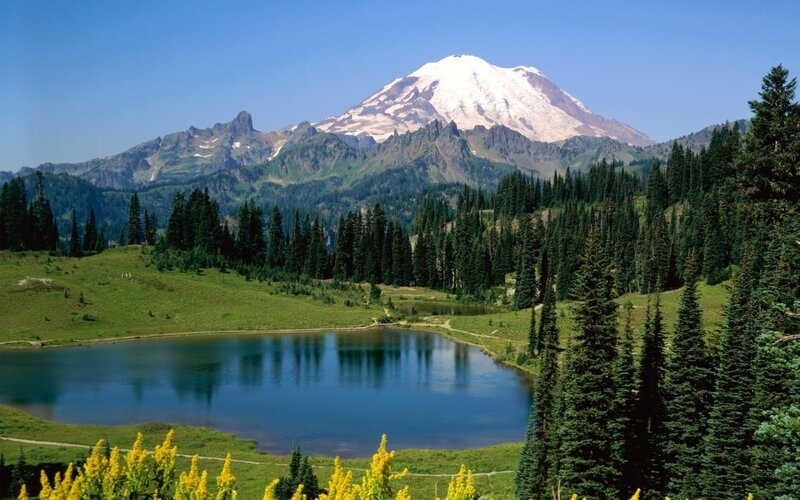 Mountain with Snow-capped Peak — Blue, Serene, Afternoon, Photograph, Lake, Forest