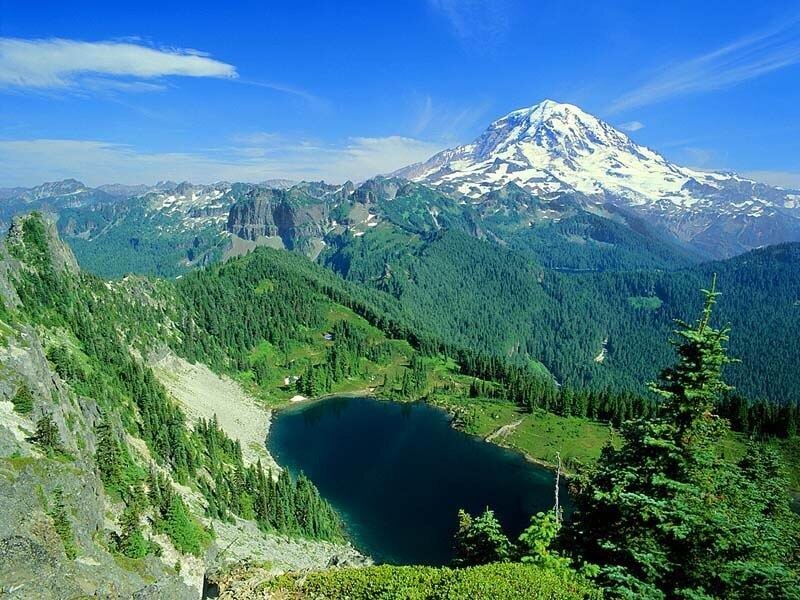 Mountain with Snow-capped Peak — Blue, Serene, Afternoon, Photograph, Lake