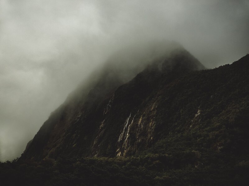 Mountain with Waterfall — Gray, Dramatic